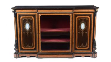 A Victorian ebonised, inlaid and burr walnut breakfront credenza set with jasperware panels