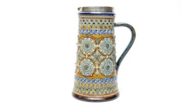 Doulton Lambeth silver mounted claret jug