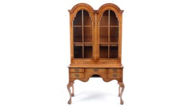 A good quality Queen Anne style reproduction burr walnut and walnut double dome cabinet on stand