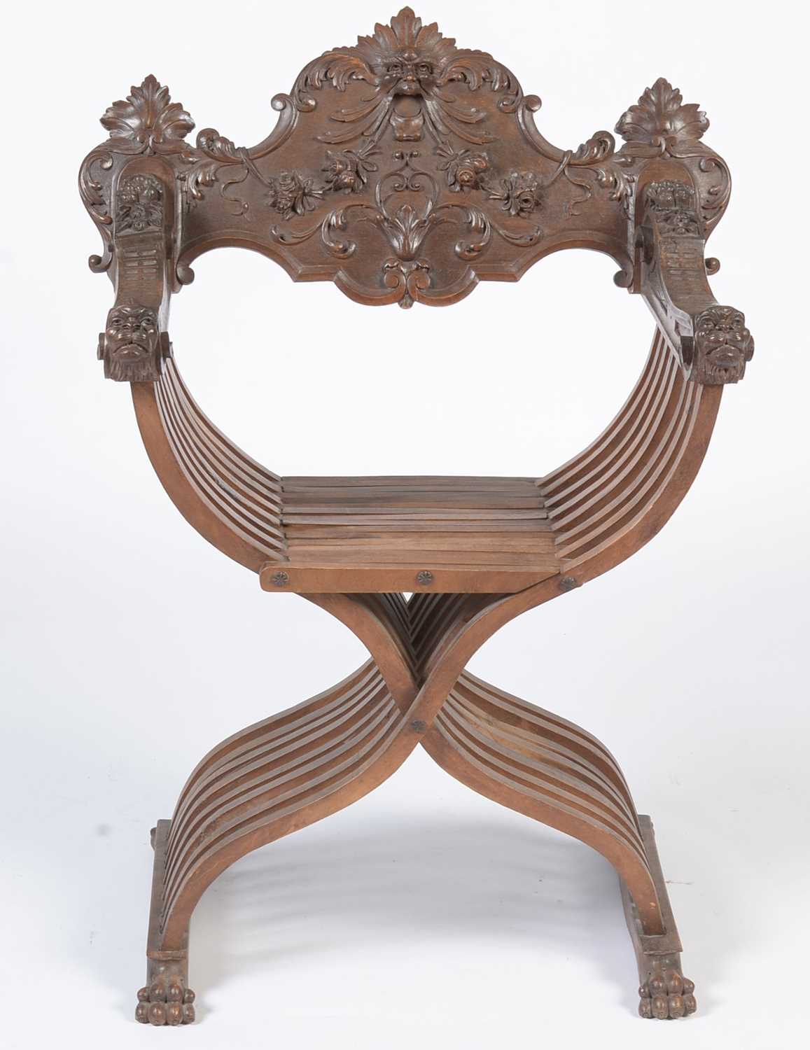 A decorative Italian carved walnut Savonarola chair c1900 - Image 18 of 21
