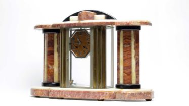 A French Art Deco cream and brown veined marble four glass mantel clock