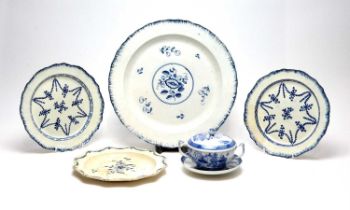 Pearlware charger, three plates, écuelle cover and stand