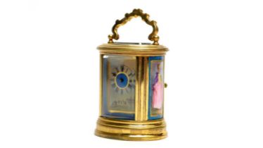 A French miniature brass and porcelain oval carriage clock, late 19th Century