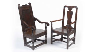 An oak Wainscot chair, probably 17th Century; and 18th Century oak elbow chair