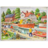 Will H. Maile, et al - Illustrations for Jigsaws; including Boating Holiday, and Durham | gouache