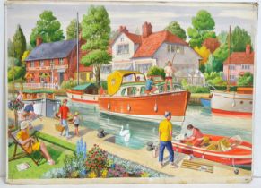 Will H. Maile, et al - Illustrations for Jigsaws; including Boating Holiday, and Durham | gouache