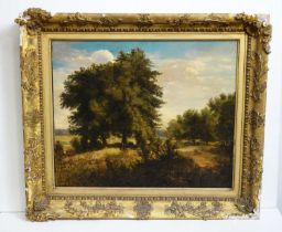19th Century British School - A landscape study depicting a gentleman and his dog | oil