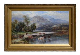F. Allen - Panoramic Scottish Loch with Highland Cattle | oil