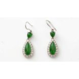 A pair of jade and diamond cluster drop earrings