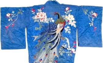 A Japanese Showa Era petrol blue silk botan ni kujaku kimono