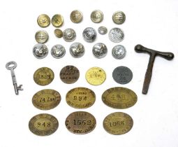 A collection of cash tokens, buttons and other Railwayana
