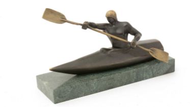 Mario Nick: a modern patinated bronze sculpture of a man in a kayak,