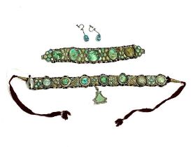 A hardstone set choker necklace; with matching bracelet; and a white metal necklace.