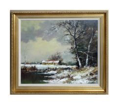 G. Percy - Snowy Winter Scene with a Croft by a Loch | oil