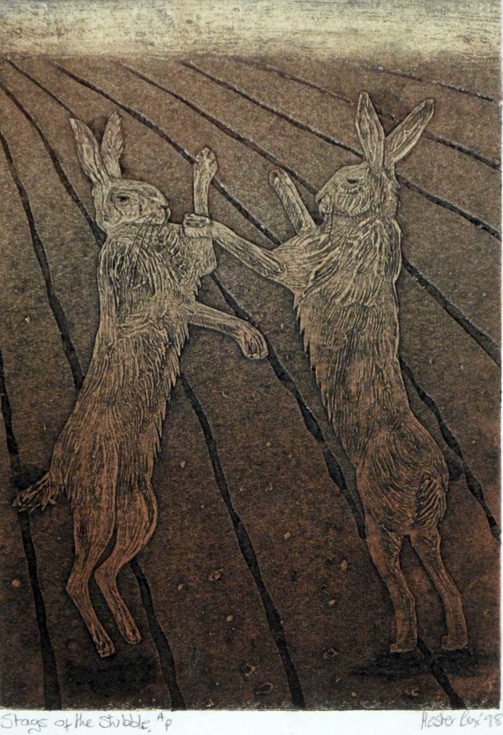 Hester Cox - Stags of the Stubble | mixed process intaglio print - Image 2 of 4