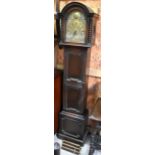 A 1920s eight-day three train oak longcase clock in the 18th century manner, with brass dial a/f (