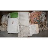 Quantity of antique damask table cloths and other table-linen, costume etc (3 boxes)