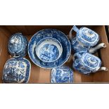 Italian pattern punch-bowl, two coffee pots, two tea plates and souffle dish to/w various other blue