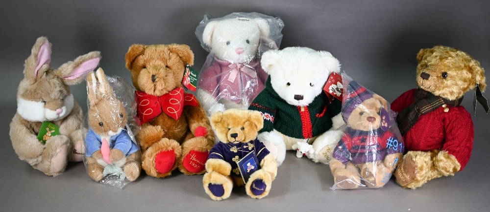 Two Harrods Christmas Bears and an Anniversary Bear, Cherry Blossom Bear, two smaller Christmas