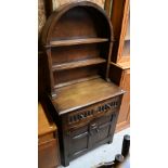 A stained oak 'Old Charm' style arched top cottage dresser, 77 cm w x 43 cm x 162 cm h