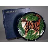 Moorcroft ltd ed plate painted with cat, no 198/300, 26 cm to/w another plate decorated with '