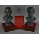 Boxed pair of Royal Doulton black basalt busts of HM Queen Elizabeth II and the Duke of Edinburgh,
