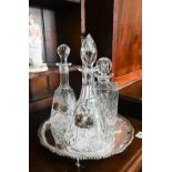 Thomas Webb cut glass conical decanter and two other decanters to/w two silver decanter labels for