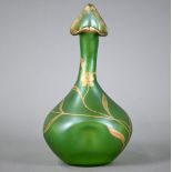 Loetz-style Art Nouveau irridescent green glass vase of organic form, hand-gilded with stylised