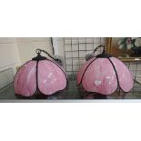 Pair of pink marbled glass ceiling lightshades (with fittings), 45 cm diam