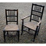 Set of ten 19th century elm Lancashire spindle back dining chairs with woven rush seats, eight