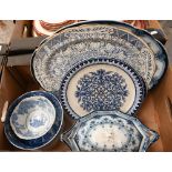 Three Victorian oval blue and white metal dishes to/w a tureen, Italian pattern bowl and a Chinese
