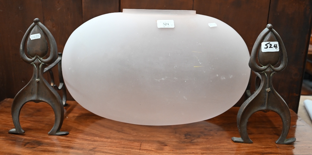 Large frosted glass ovoid vase, 30 x 50 cm to/w a pair of Art Nouveau brass fire dogs (3)
