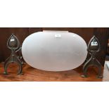 Large frosted glass ovoid vase, 30 x 50 cm to/w a pair of Art Nouveau brass fire dogs (3)