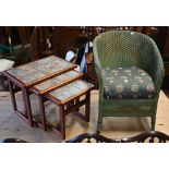 A nest of three tiled top tables to/w a green Lloyd Loom chair