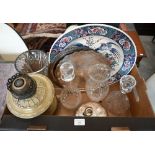 Two epns salvers and covered bowl to/w two glass decanters and two vases, oil lamp and Asian pottery
