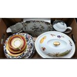 Large Royal Worcester 'Evesham' casserole and cover and two Royal Worcester jugs, various tea wares,