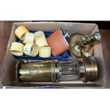 Brass miner's safety lamp by E Thomas & Williams Ltd, Aberdare to/w a trench art brass snuff-box,