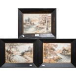 Three silkwork embroidered pictures depicting South East Asian landscapes, 21 x 29 cm (3)