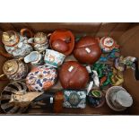 Quantity of Asian ceramics and collectables including Satsuma bowl, Imari quail, pair of lacquered