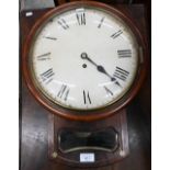 A Victorian mahogany and brass inlaid drop-dial wall clock, convex lenticle and painted dial with