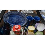 Blue and white transfer-printed Maling meat dish, to/w  a pair of Maling lustre hexagonal vases