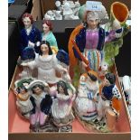Five various Victorian Staffordshire pottery figure groups 30-20 cm