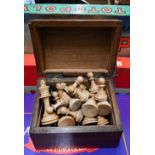 Turned wood Staunton-type chess-set, the king 8cm (one black pawn missing) to/w a chess/backgammon