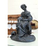 Bronzed spelter figure of a young lady, seated on a tree-stump, signed 'Boitel', 31 cm