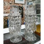 Pair of antique cut glass candlesticks, hung with facetted prism drops, 34 cm high (one a/f)