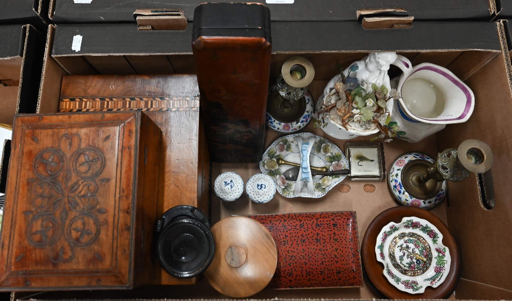 Cloisonne enamel cigarette box to/w an incised teak box fitted with small glass bottles, Japanese