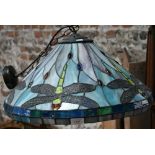 Tiffany style leaded stained glass ceiling lightshade decorated with dragonflies, c/w chain and