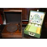 A vintage Brexton picnic case with original contents to/w an HMV mahogany cased 240 v record