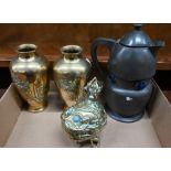 Art Nouveau pewter hot water jug, mounted with enamel bosses, 20 cm high to/w a brass box, cast as a