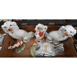 Pair of Staffordshire pottery spaniels 31 cm to/w a spaniel jug a/f, 'Chicken' egg-basket and a
